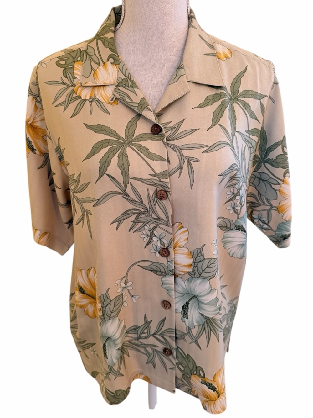 Tommy Bahama Beige with Yellow Floral Silk Hawaiian Button-Up Shirt S
